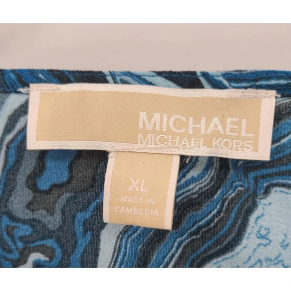 Michael Kors Wrap Swirl Coastal Top Blouse XL Artsy Blue Resort Short‎ Sleeves
